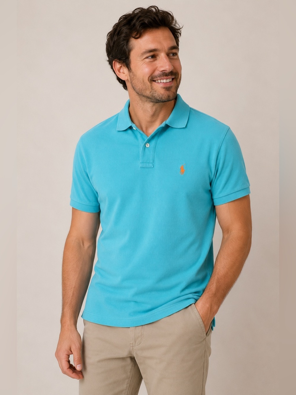 Polo Ralph Lauren Custom Fit Mesh Polo Shirt Turquoise Blue Orange Pony Sz M